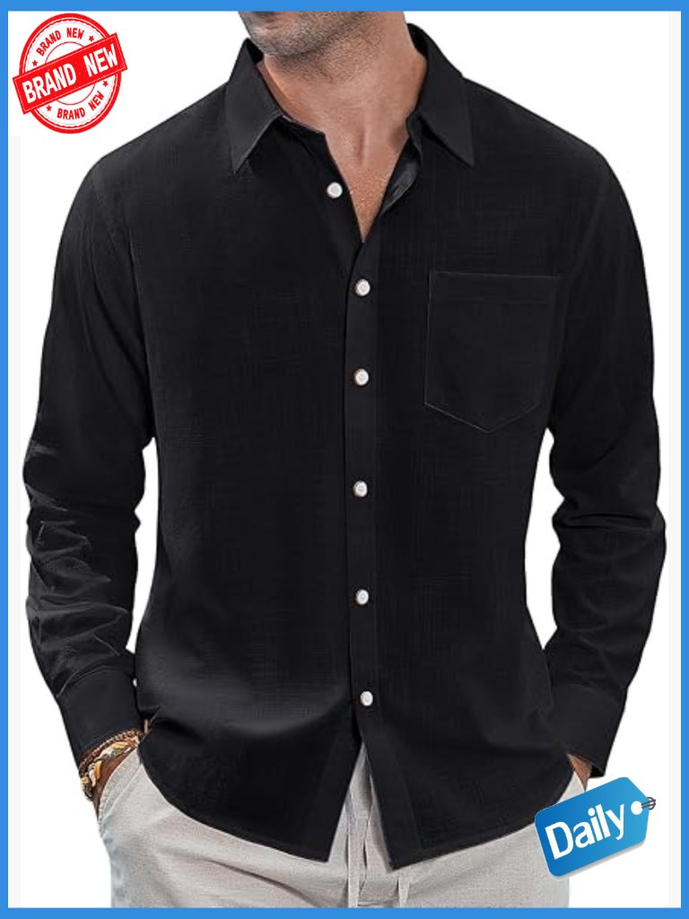 Men's Linen Button Down Shirt Long Sleeve Casual Summer Shirt With Pocket